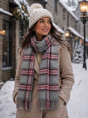 Brora Cashmere Plaid Tartan Pink Grey Scarf Made in Scotland Feminine 12”x60”